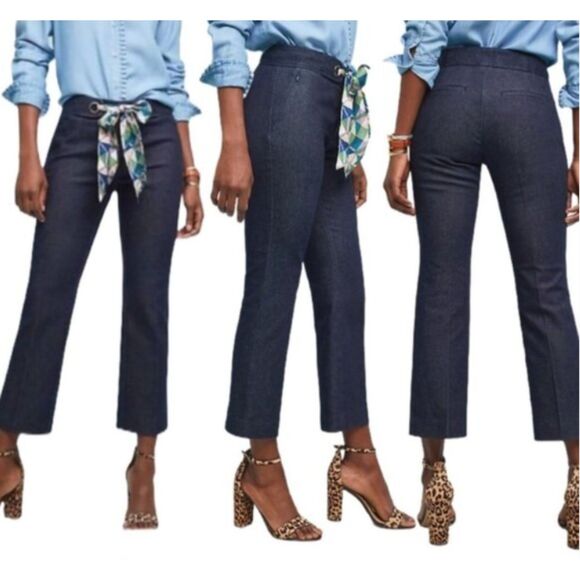 ~ Anthropologie 12 "The Essential Crop Flare" Dk Blue Wash Scarf Tie Denim Jeans - Picture 16 of 16